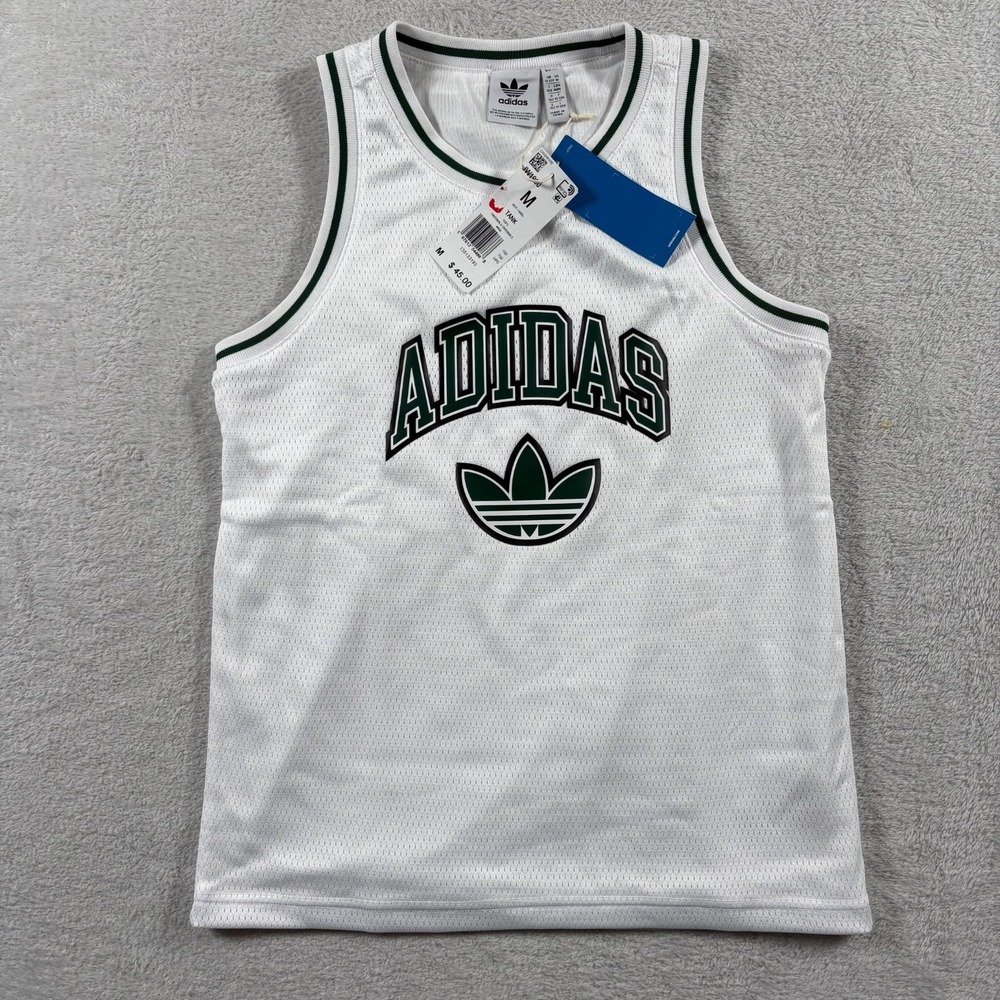 Adidas Jersey‎ Tank Top Boys Medium White Trefoil Logo Mesh Lined Round Neck